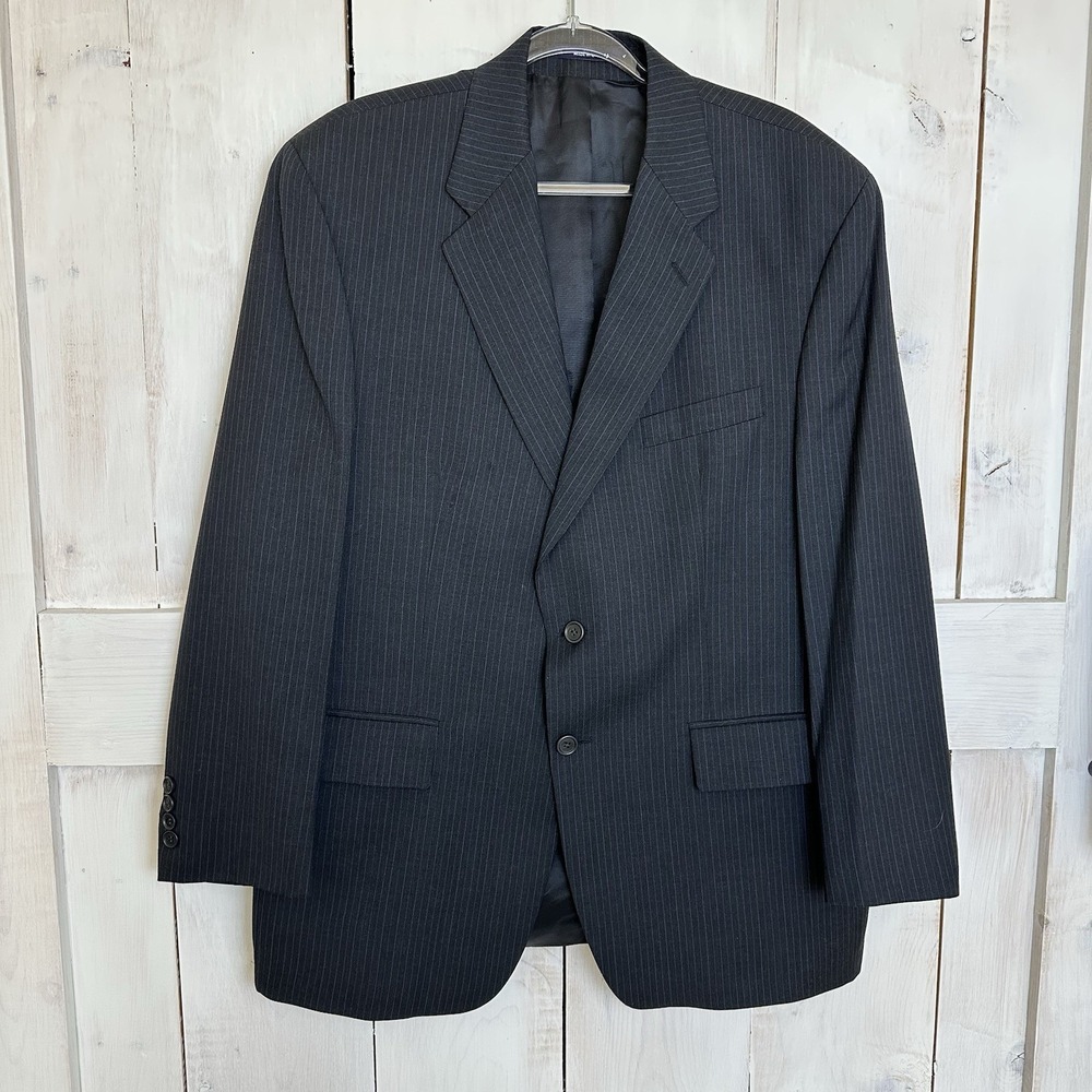 Chaps Ralph Lauren Blazer Sz 44R Gray Pinstripe Wool Cashmere Two Button Jacket